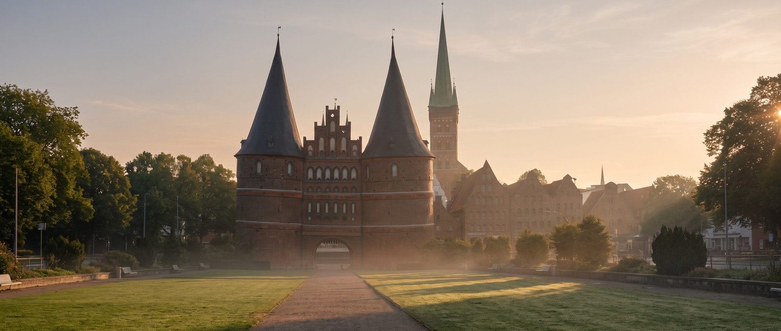Brama Holstentor w Lubece o świcie, pusta droga prowadząca przez bramę